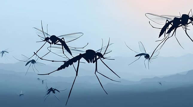 Silhouettes of numerous mosquitoes in flight against a hazy, mountainous backdrop