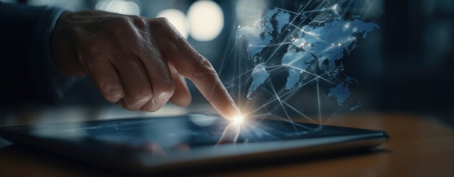 The digital interaction with a tablet showing a global connectivity hologram - Powered by Adobe