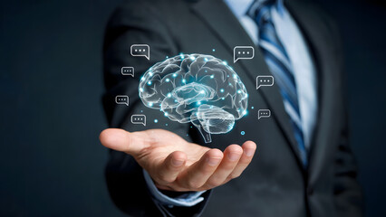 A professional business photograph of a hand holding a glowing digital brain surrounded by chat bubble icons.