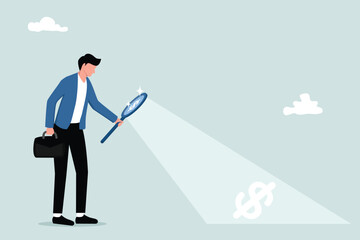 Searching for investment opportunity, stock market research or hidden cost and expense concept, businessman looking through magnifying glass to see dollar money sign search for money.