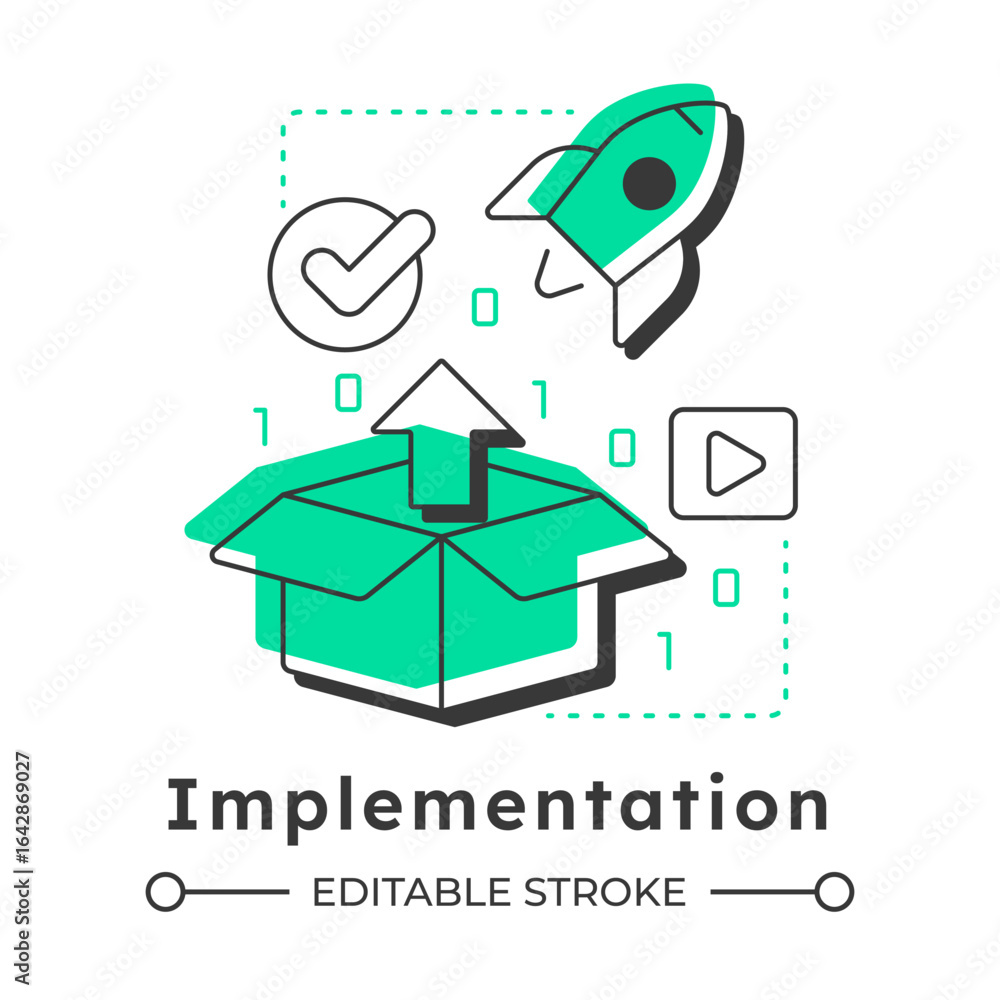 Poster implementation modern linear concept icon. efficiency rocket, productivity. development, innovation.