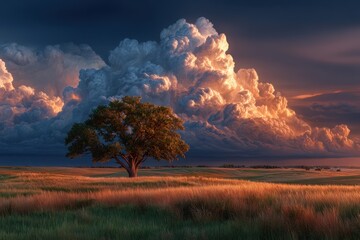 Naklejka premium Dramatic Landscape with Tree and Golden Clouds at Sunset, PNG set with Transparent Background