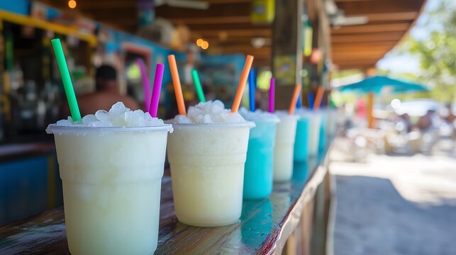 Refreshing frozen tropical drinks lined up at a beachside bar on a sunny day