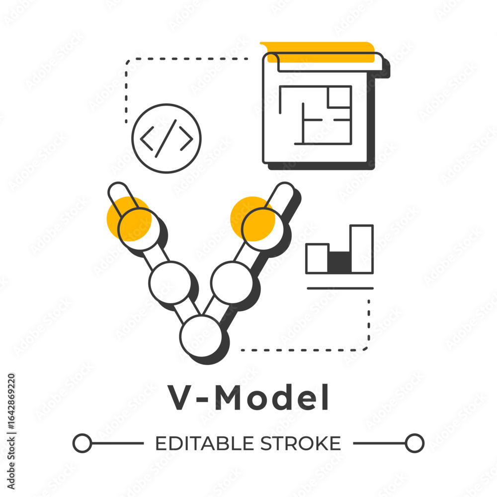 Poster v-model modern linear concept icon. statistical metrics, analysis. workflow structure. programming, 
