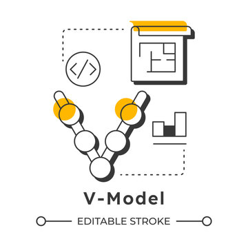 V-model modern linear concept icon. Statistical metrics, analysis. Workflow structure. Programming, coding. Flat outline elements connected with dotted lines. Creative visual. Easy to edit
