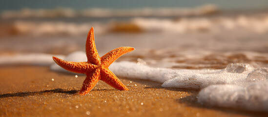 Orange starfish on golden sandy beach with soft waves in background, ideal for summer themes and promotional copyspace, warm sunlight tones