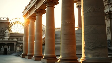 Ancient stone pillars with intricate carvings leading to a grand staircase, embodying classical architectural elegance.