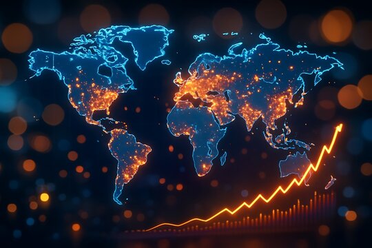Global economic growth illustrated by a rising neon graph over a digital world map