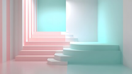 Fototapeta premium Pastel-colored steps and platforms in a geometrically designed space.