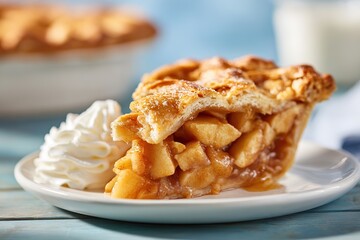 Delicious apple pie slice with whipped cream served on a white plate and blue wooden background