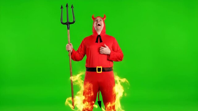 Devil Costume with Flames - Green Screen - A man in a classic devil costume holds a pitchfork and laughs wickedly, flames seemingly erupting from around his legs against a bright green screen