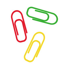 Colorful paperclips in red, yellow, and green on white background