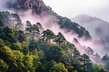 Misty mountainside with dense forest