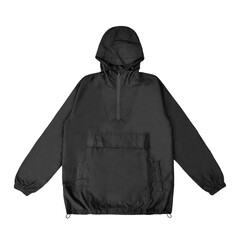 windproof hooded jacket (parka), half zip hoodie technical, Blank black windbreaker mock up, front...