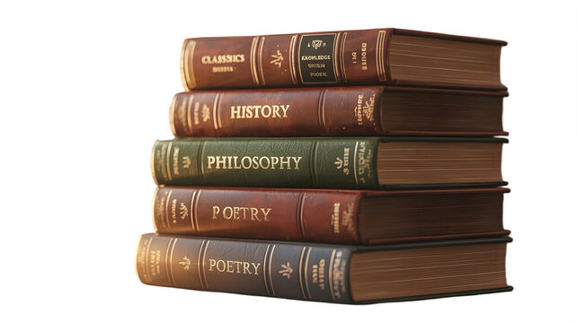 Pile of antique books of different topics, a symbol of learning.
