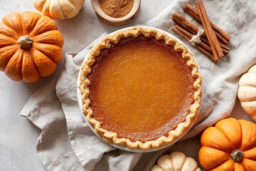 Delicious pumpkin pie surrounded by pumpkins and spices on a light fabric background