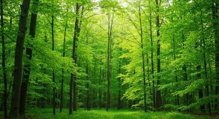 Lush Green Forest Scene with Tall Trees and Foliage.