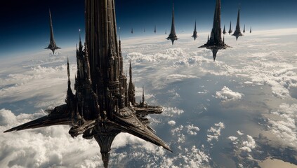 Floating gothic castles in space above clouds