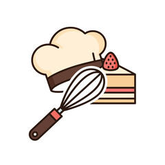 A professional bakery icon. Fusing a baker's hat, whisk, and cake, it symbolizes culinary skill, delicious desserts, and handcrafted treats