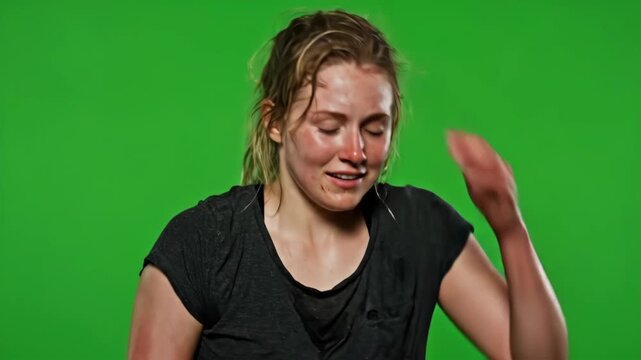 Exhausted Woman After Chase - Green Screen - A young, sweaty woman with blonde hair rests her hand on her forehead, gasping for breath against a bright green screen background.