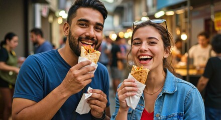 Young couple smiling while eating street food in a vibrant food market
