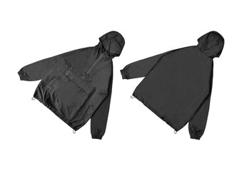 windproof hooded jacket (parka), half zip hoodie technical, Blank black windbreaker mock up, front...