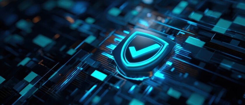 The glowing shield icon representing digital security and protection in a modern network environment.