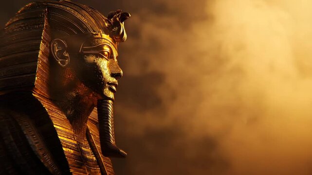 Golden pharaoh statue surrounded by mystical fog and warm light creating an ancient atmosphere