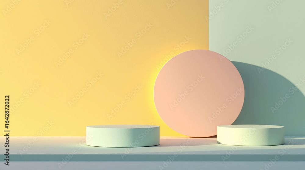 Poster minimalistic display with geometric shapes on a colorful background featuring soft pastels and natur