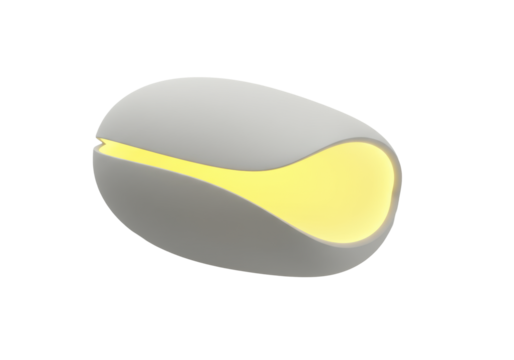 transparent abstract object unfurling, revealing a vibrant glowing yellow core in a minimalist studio, top-down close-up, soft light, concept of new ideas and breakthrough