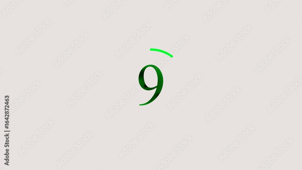 Poster elegant green number nine with a curved line above on a soft neutral background