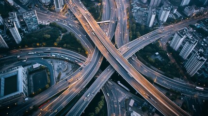 Aerial view of a complex highway interchange at night, with city buildings surrounding it
