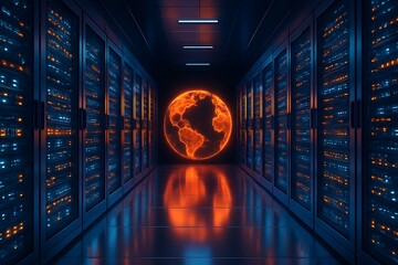 Futuristic server room with glowing earth and data center racks