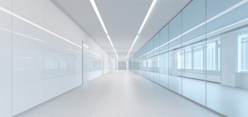 The modern corridor with glass walls and sleek design in a bright office.