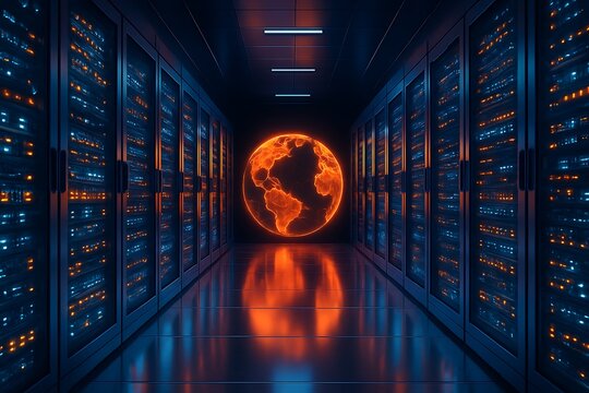 Futuristic server room with glowing earth and data center racks