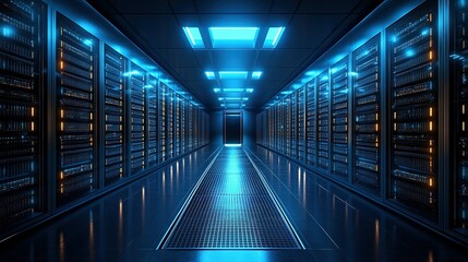Server room corridor with rows of servers illuminated by blue light.