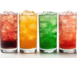 Four colorful soda drinks in glasses filled with ice