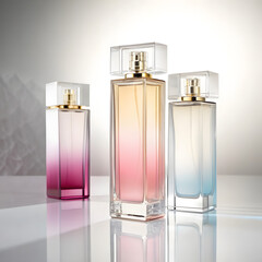Set of perfumes in soft gradients with a glassy finish, abstract studio lighting, vertical display.