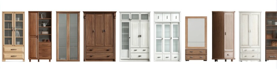 Multiple light-colored wooden and white storage units