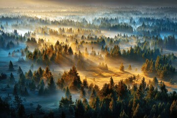Misty mountain landscape bathed in golden sunrise light