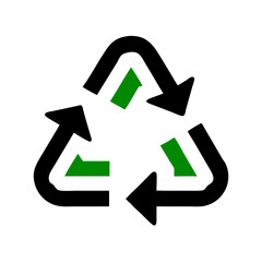 Green and black recycling icon on white background