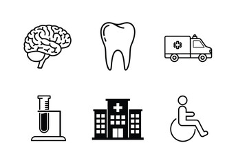 Collection of simple black and white medical icons, including brain, tooth, ambulance, test tube, hospital, and wheelchair.