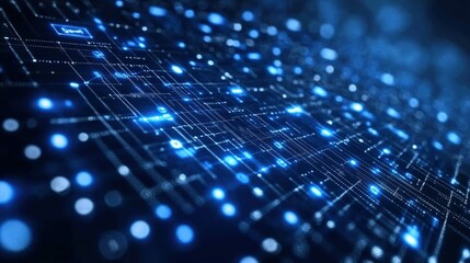 Abstract blue network with glowing dots and lines suggesting technology or connection.