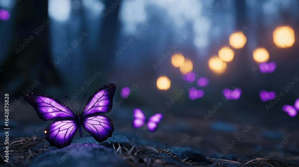 Poster ethereal purple butterflies dancing in a misty forest with soft glowing orbs in the background creat