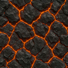 Obraz premium Volcanic obsidian seamless texture with glowing lava fissures, photorealistic high-resolution tileable design for games and architecture