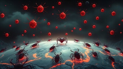 Surreal landscape of giant glowing ticks crawling over a melting earth with radiating red disease vectors.