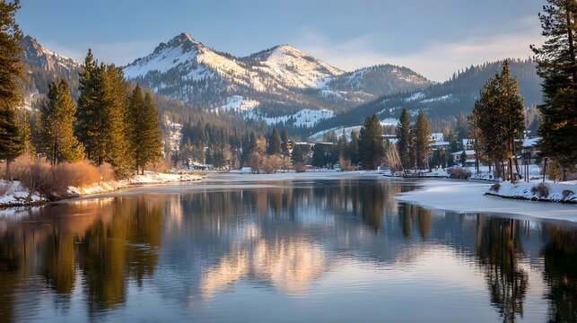Scenic winter landscape of a frozen lake reflecting snow-capped mountains.