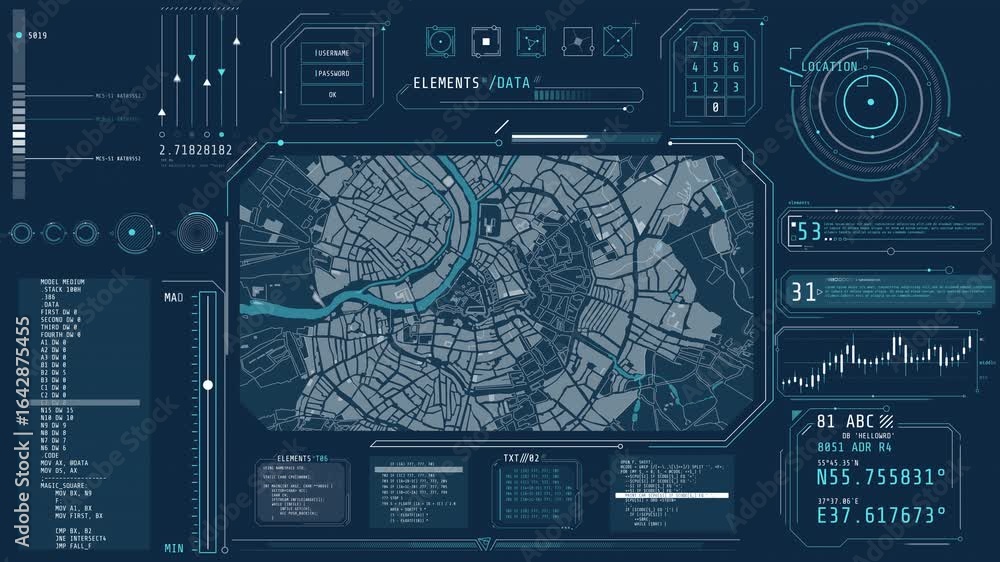 Poster animated high-tech interface screen with a city map