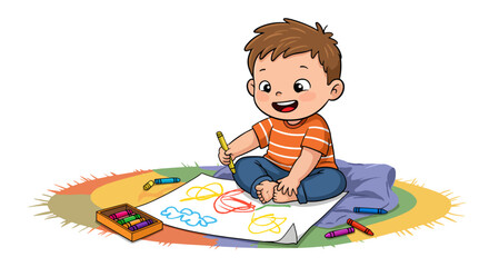 Joyful young boy enthusiastically drawing colorful pictures with crayons on paper, immersed in creative play on a vibrant rug.