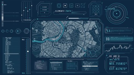 Animated high-tech interface screen with a city map - Powered by Adobe